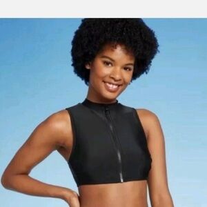 Black Sleeveless Zip-Up Crop Swim Top!